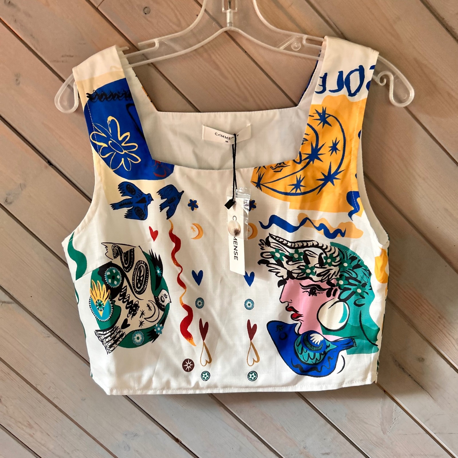 Commense White Graphic Print Square Neck Crop Top Tank Sun Moon Star Art M Nwt
